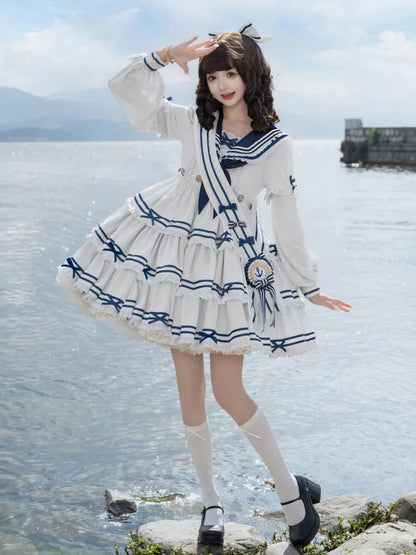 Komplettes Matrosen-Lolita-Rock-Set, Sommerkleid, gestuft, weiß, OP