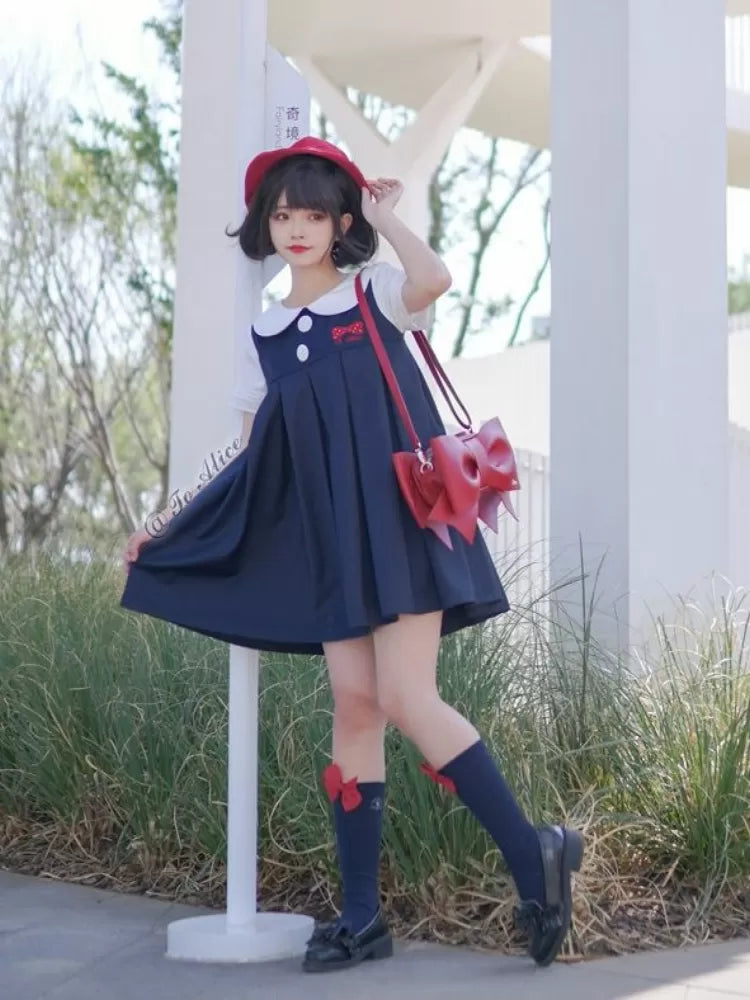 Dark Embroidery Blue Pan Collar Bowknot Peter Dress