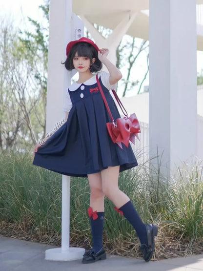 Dark Embroidery Blue Pan Collar Bowknot Peter Dress