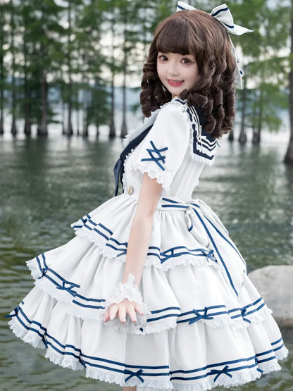 Komplettes Matrosen-Lolita-Rock-Set, Sommerkleid, gestuft, weiß, OP