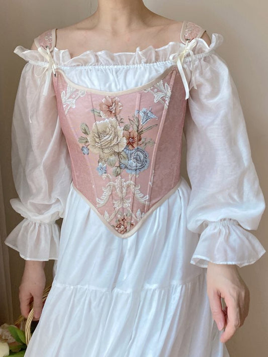 ピンクの花柄スクープネックラインコルセット