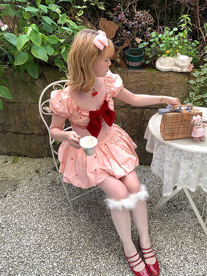 Embroidery Sleeves Bubble Hem Dress with Puff Pink and Floral