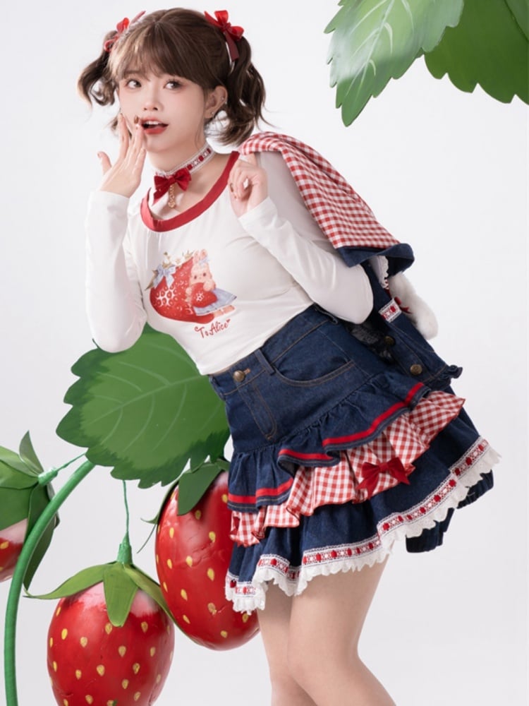 Marineblauer Spitzensaum mit Schleifenakzenten, gestufter Denim-Rock mit kariertem Patchwork