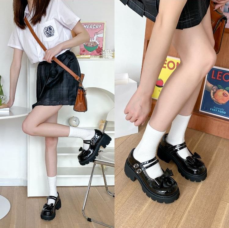 Polished Black PU Mary Jane Shoes with Bowknot Details, Size 40 - LI XING LUO