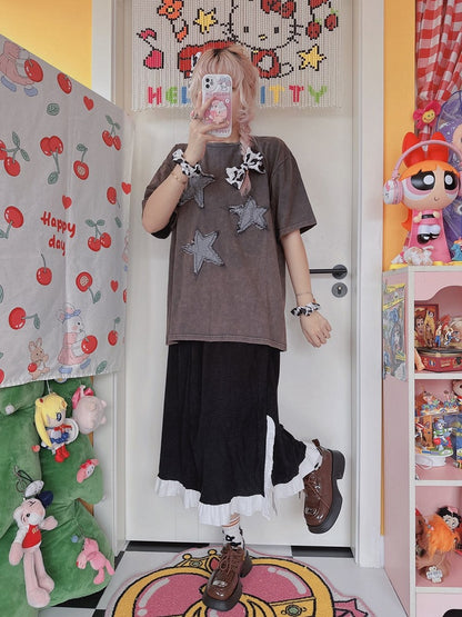 サイドウエストフリルシャーリングブラックスカートスリットトリム