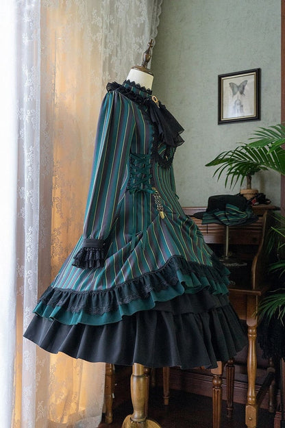 mit gestreifter Schnürung Gothic Petite Rüschenkragen Lolita Kleid Taille
