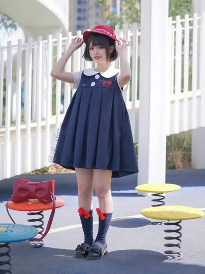 Dark Embroidery Blue Pan Collar Bowknot Peter Dress