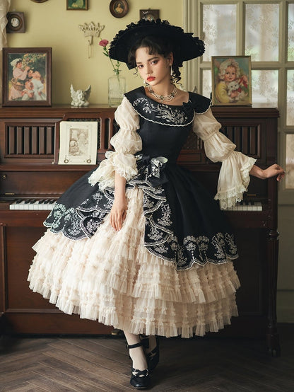 Dress Black Lily with Elegant of Valley Classic Embroidery Beige the Lolita