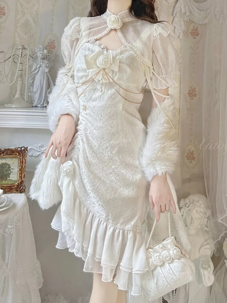 Rosendekoration Jacquard Saum Meerjungfrau Detail Rüschen JSK Weiß Lolita Perle Kamelie