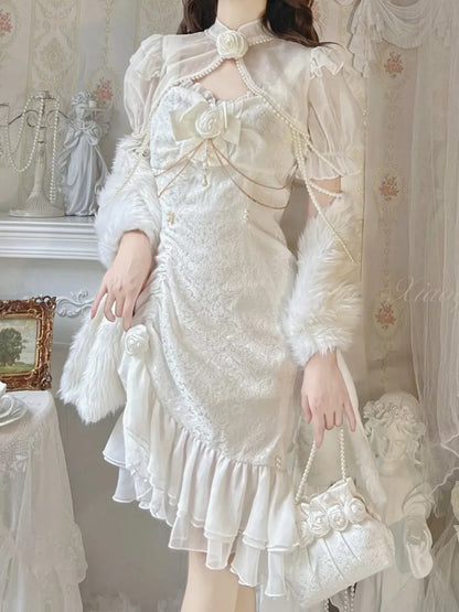 Rosendekoration Jacquard Saum Meerjungfrau Detail Rüschen JSK Weiß Lolita Perle Kamelie