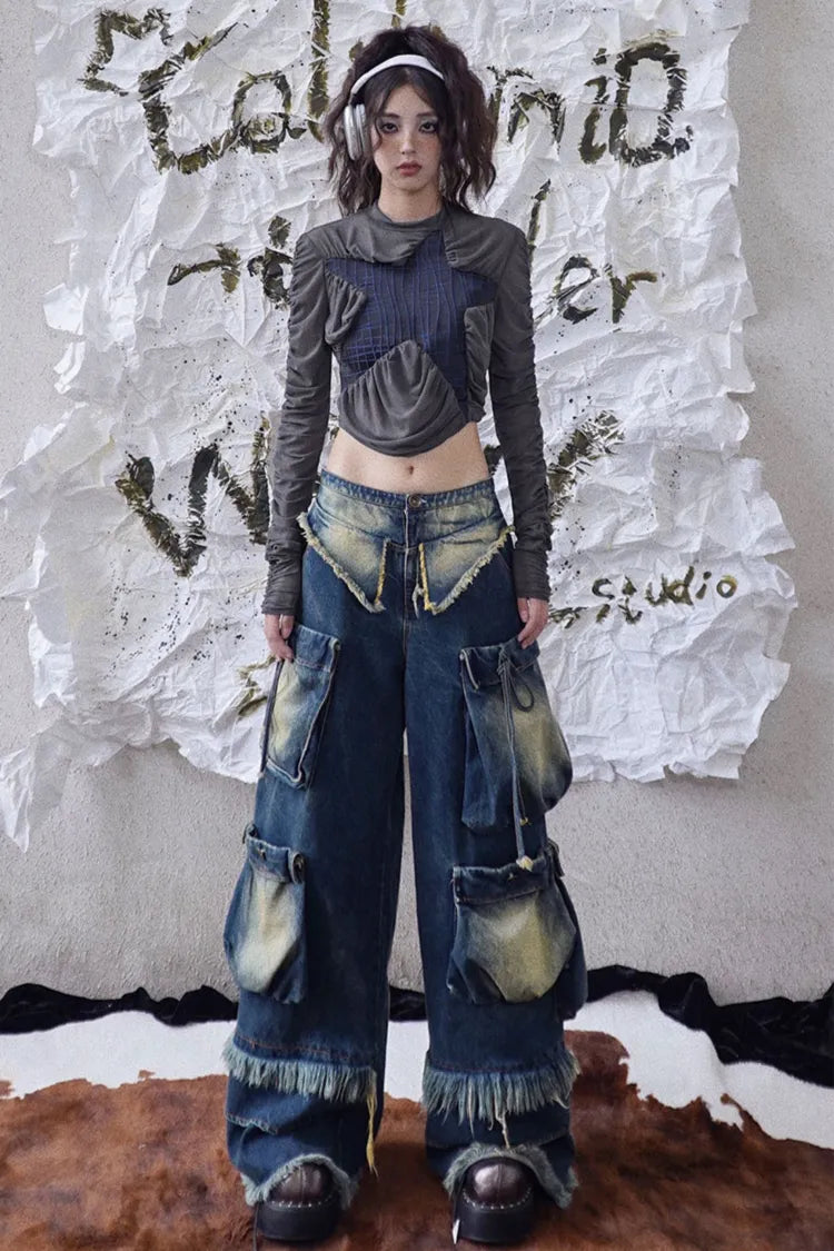 Cargo Punk Wash Wasteland Faded Pockets Jeans Wide Leg