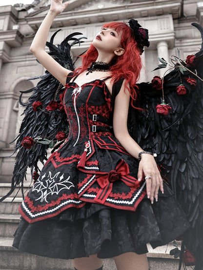 Gothic Bat Black Cross Embroidery Lolita Front Red JSK and Buckle Side Zip
