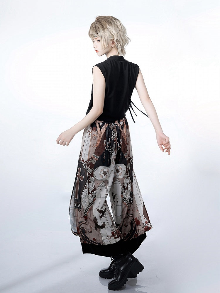 Wide-Leg Trousers with Night Command Cross Graphic in Dark Tone - Princess Chronicles