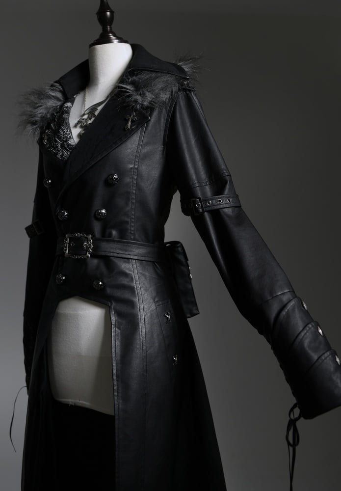 ドラゴンズブレス ブラックフェイクファーカラー PUレザートレンチコート