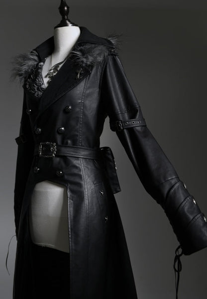 ドラゴンズブレス ブラックフェイクファーカラー PUレザートレンチコート