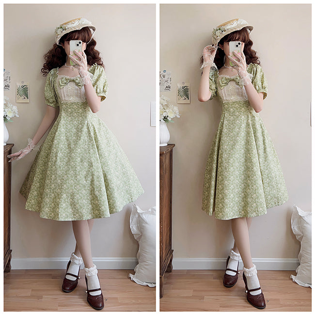 Kurzes, elegantes, klassisches Lolita-Kleid mit Blumenmuster und grünen Ärmeln, OP