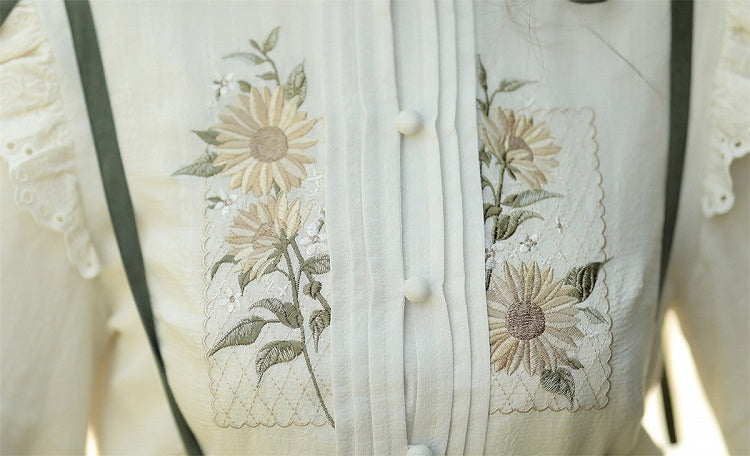 Sunflowers Embroidery Set + Tiered Sunflower Blouse Skirt Green with Charm Beige