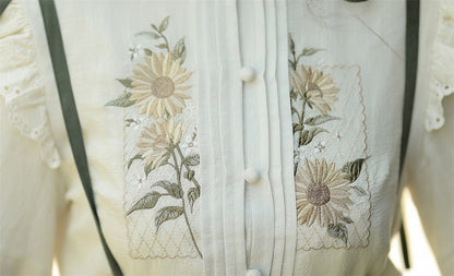 Sunflowers Embroidery Set + Tiered Sunflower Blouse Skirt Green with Charm Beige