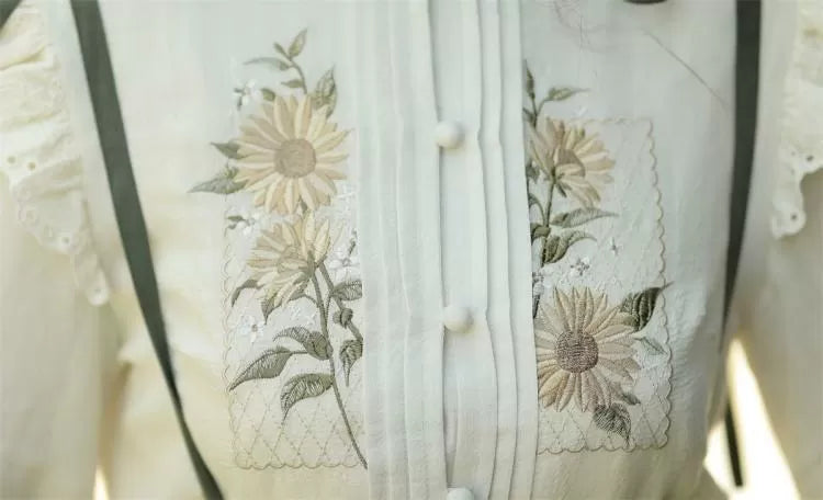 with Embroidery Set Green Tiered Sunflower Sunflowers Skirt Beige Charm + Blouse