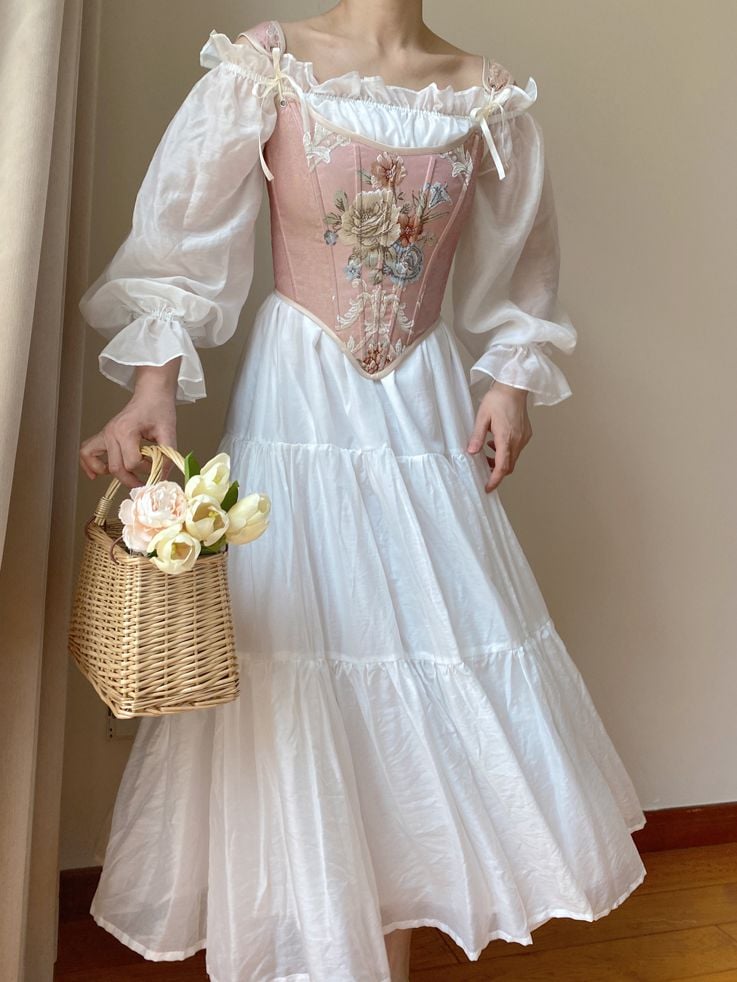 ピンクの花柄スクープネックラインコルセット