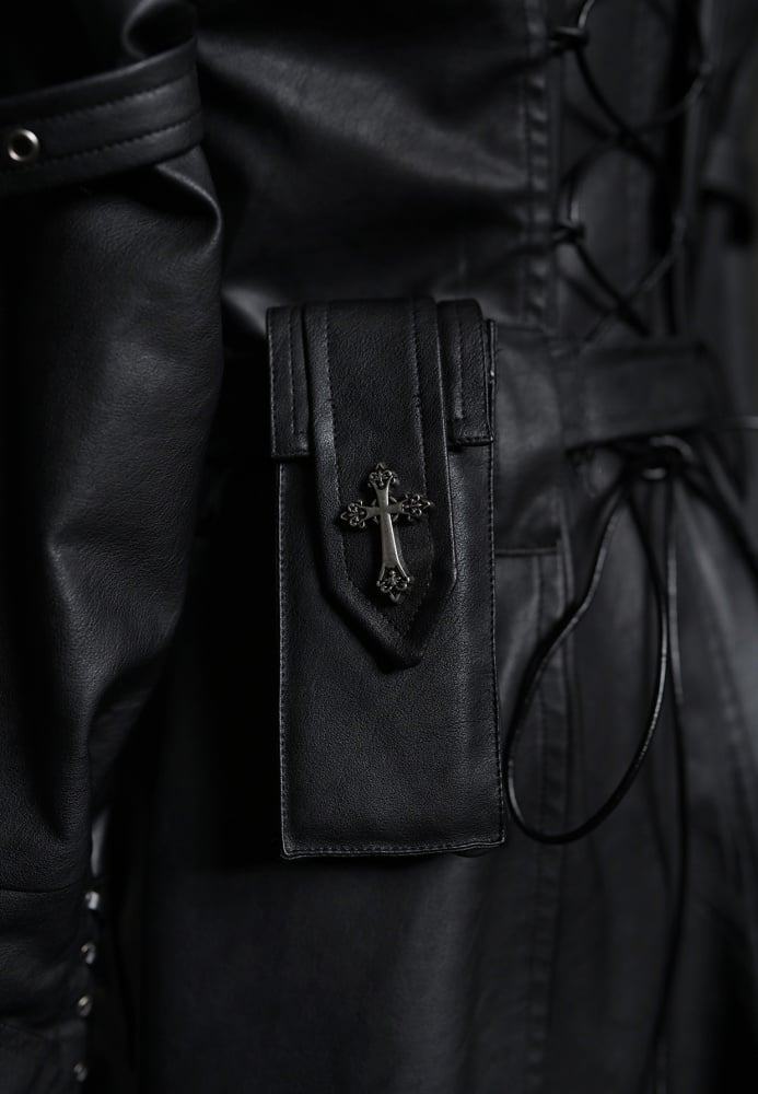 ドラゴンズブレス ブラックフェイクファーカラー PUレザートレンチコート