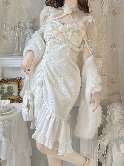 Rosendekoration Jacquard Saum Meerjungfrau Detail Rüschen JSK Weiß Lolita Perle Kamelie