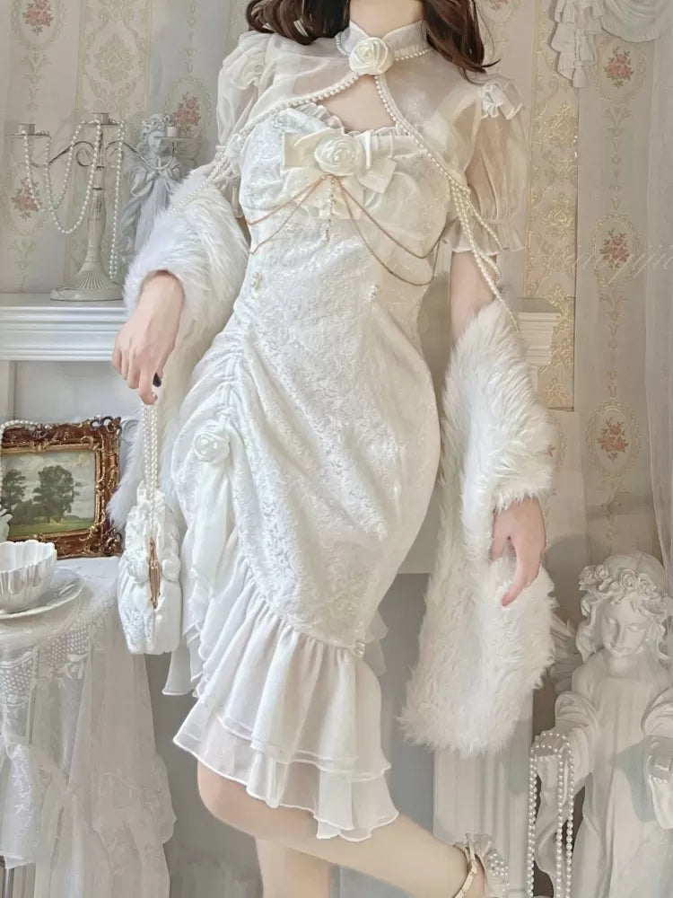 Rose Decoration Jacquard Hemline Mermaid Detail Ruffle JSK White Lolita Bead Camellia