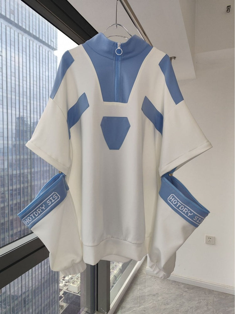 Kaiwai Tenshi Design Blau Licht Zip Sweatshirt Weiß Ärmeln und