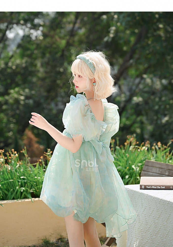 Grünes Kleid mit kurzen/langen Ärmeln und kurzer Schleife und süßer abnehmbarer Version, groß