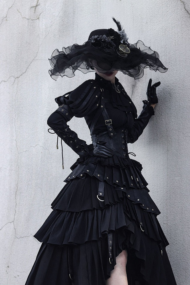 Black Gothic Lolita Shirt, Juliette Sleeves Steampunk Top, Plus Size - FOXTROT