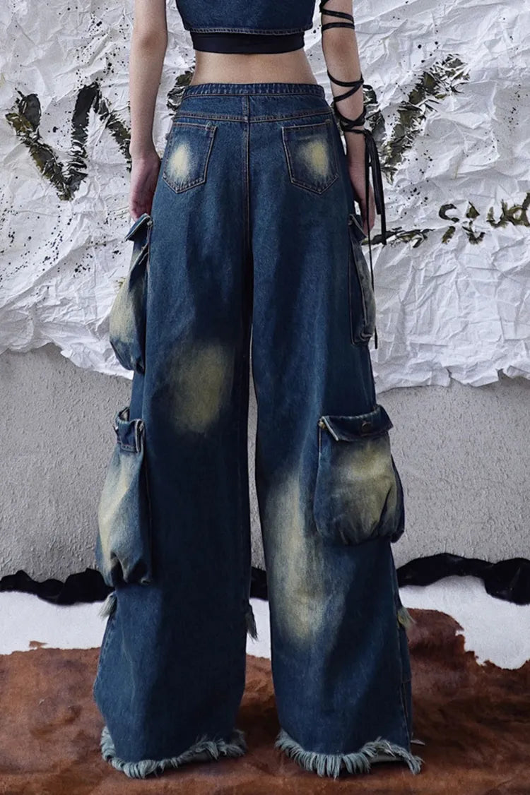 Cargo Punk Wash Wasteland Faded Pockets Jeans Wide Leg