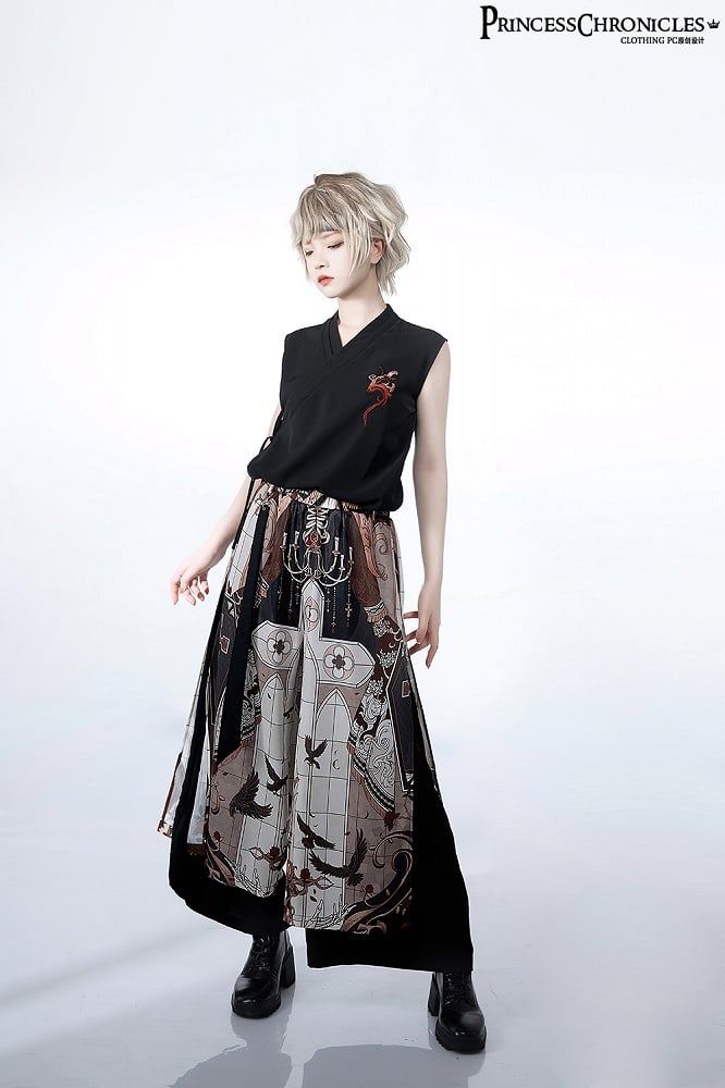 Wide-Leg Trousers with Night Command Cross Graphic in Dark Tone - Princess Chronicles