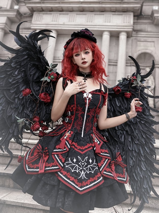 Gothic Bat Black Cross Embroidery Lolita Front Red JSK and Buckle Side Zip