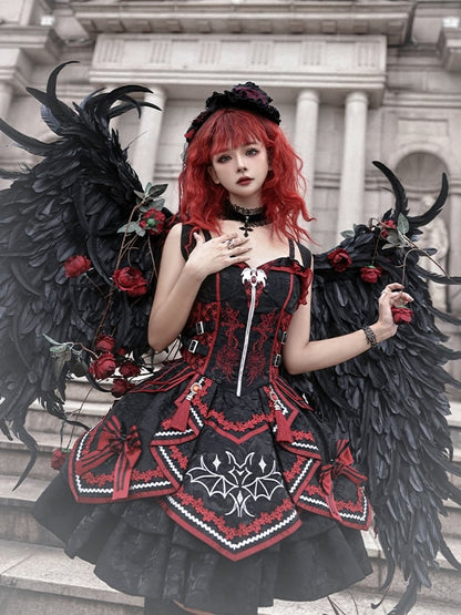 Gothic Bat Black Cross Embroidery Lolita Front Red JSK and Buckle Side Zip