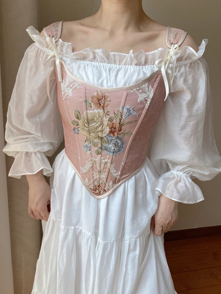 ピンクの花柄スクープネックラインコルセット