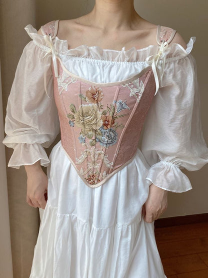 ピンクの花柄スクープネックラインコルセット