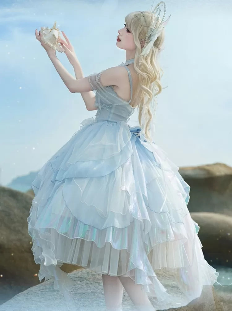 レイヤードプリンセストリムドレススカートコルセットライトウエストカスケーディングブルーフェアリーJSKロリータフリル