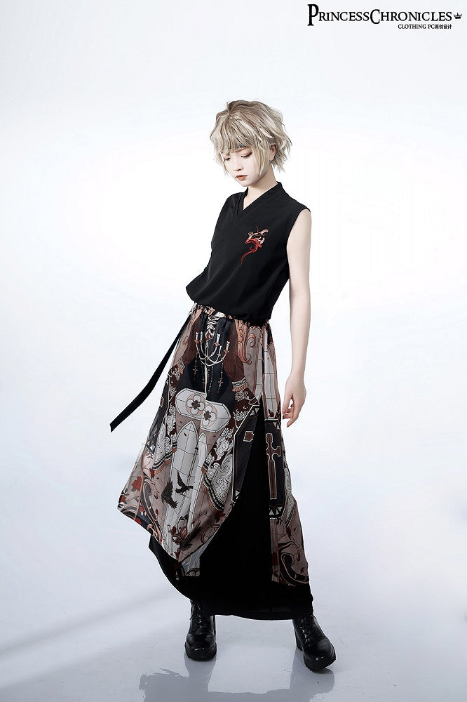 Wide-Leg Trousers with Night Command Cross Graphic in Dark Tone - Princess Chronicles
