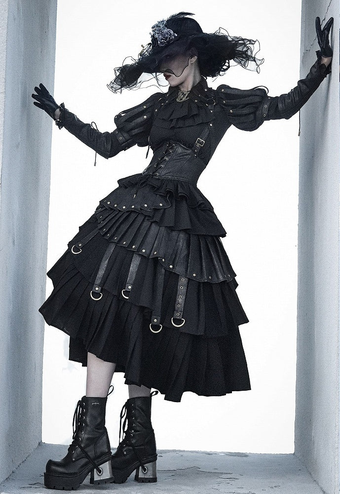 Black Gothic Lolita Shirt, Juliette Sleeves Steampunk Top, Plus Size - FOXTROT