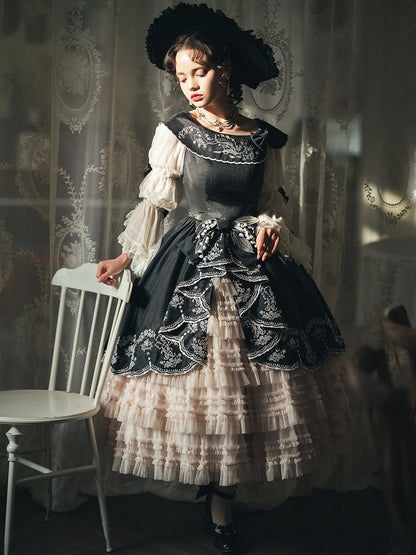 Waist Layered Lolita Skirt Under Beige Elastic Ruffles