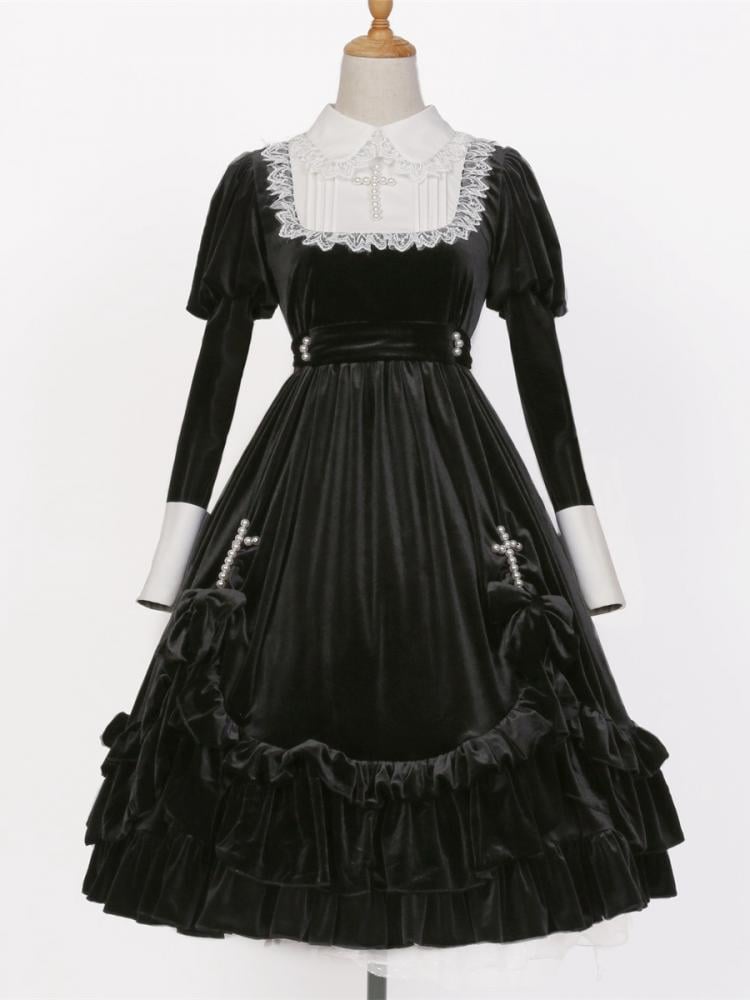 Schwarz-weißes elegantes Lolita-Kleid mit Juliette-Ärmeln