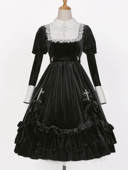 Schwarz-weißes elegantes Lolita-Kleid mit Juliette-Ärmeln