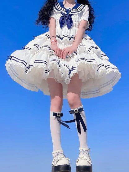 Komplettes Matrosen-Lolita-Rock-Set, Sommerkleid, gestuft, weiß, OP