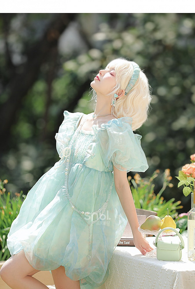 Grünes Kleid mit kurzen/langen Ärmeln und kurzer Schleife und süßer abnehmbarer Version, groß