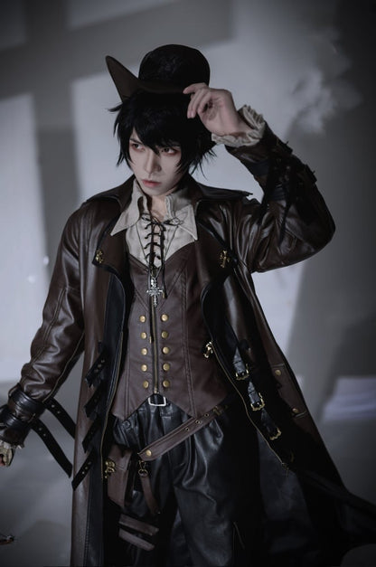 ミッドナイトハンターブラウン スチームパンク ロリータ PUレザー トレンチコート