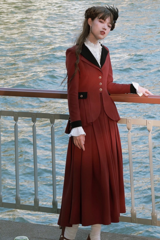 プラスサイズ対応 - ワインレッドのプリーツディテールブレザースカートセット