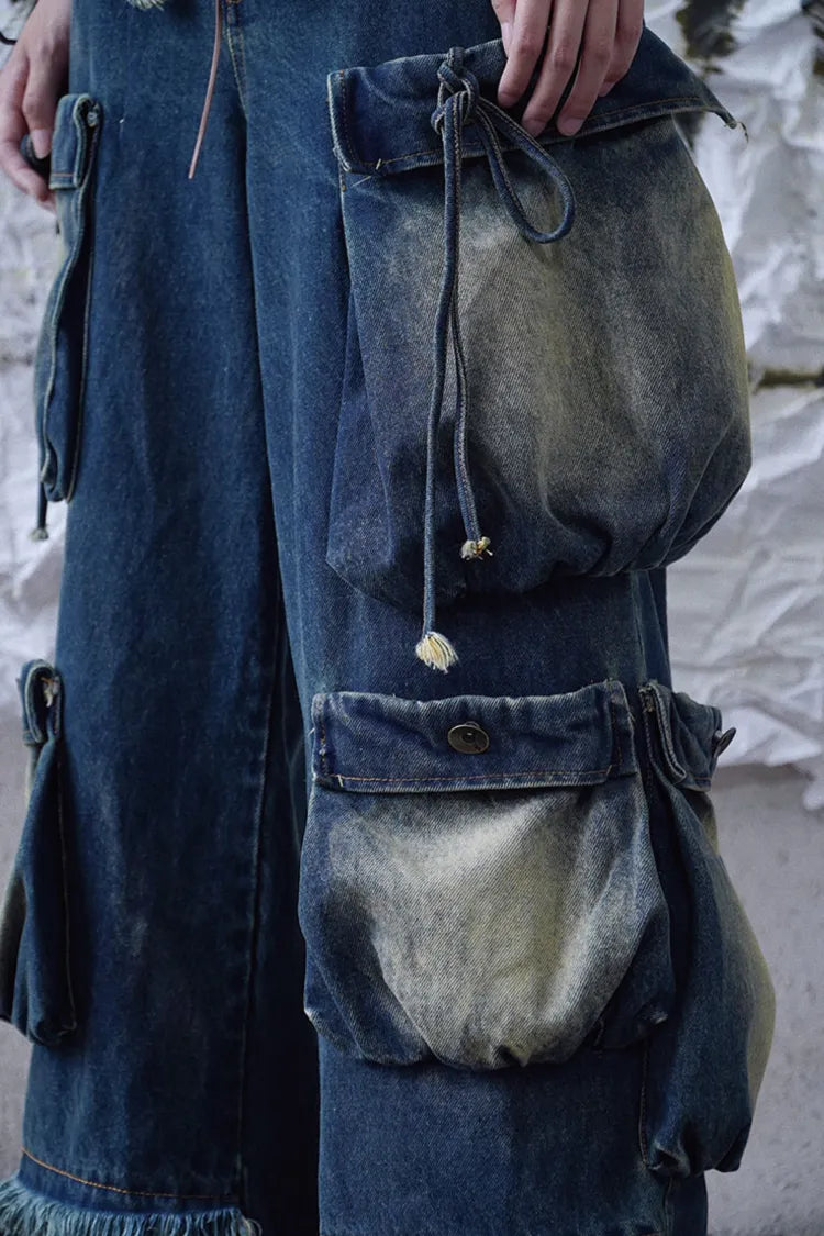Cargo-Punk-Waste-Wasteland-Jeans mit verblassten Taschen und weitem Bein