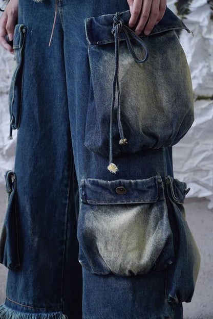 Cargo-Punk-Waste-Wasteland-Jeans mit verblassten Taschen und weitem Bein