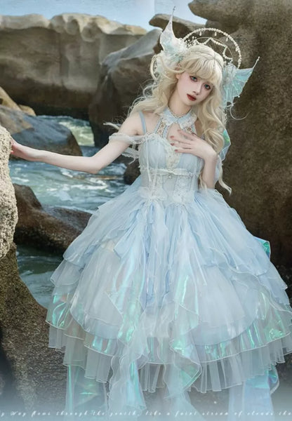 レイヤードプリンセストリムドレススカートコルセットライトウエストカスケーディングブルーフェアリーJSKロリータフリル