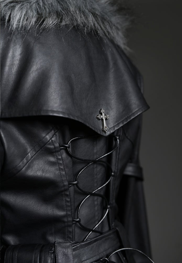 ドラゴンズブレス ブラックフェイクファーカラー PUレザートレンチコート